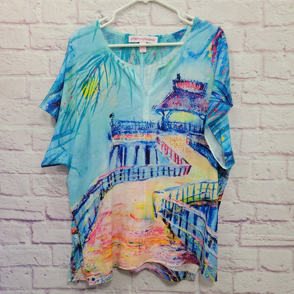 Leoma Lovegrove Beach Boardwalk Blouse XL Split VNeck Tropical Resortwear Summer